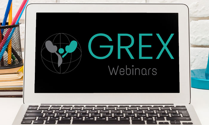 A laptop graphic displaying the GREX logo