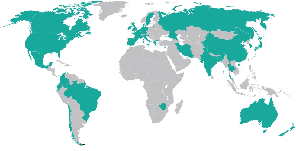 A map of the world with some countries filled in with green